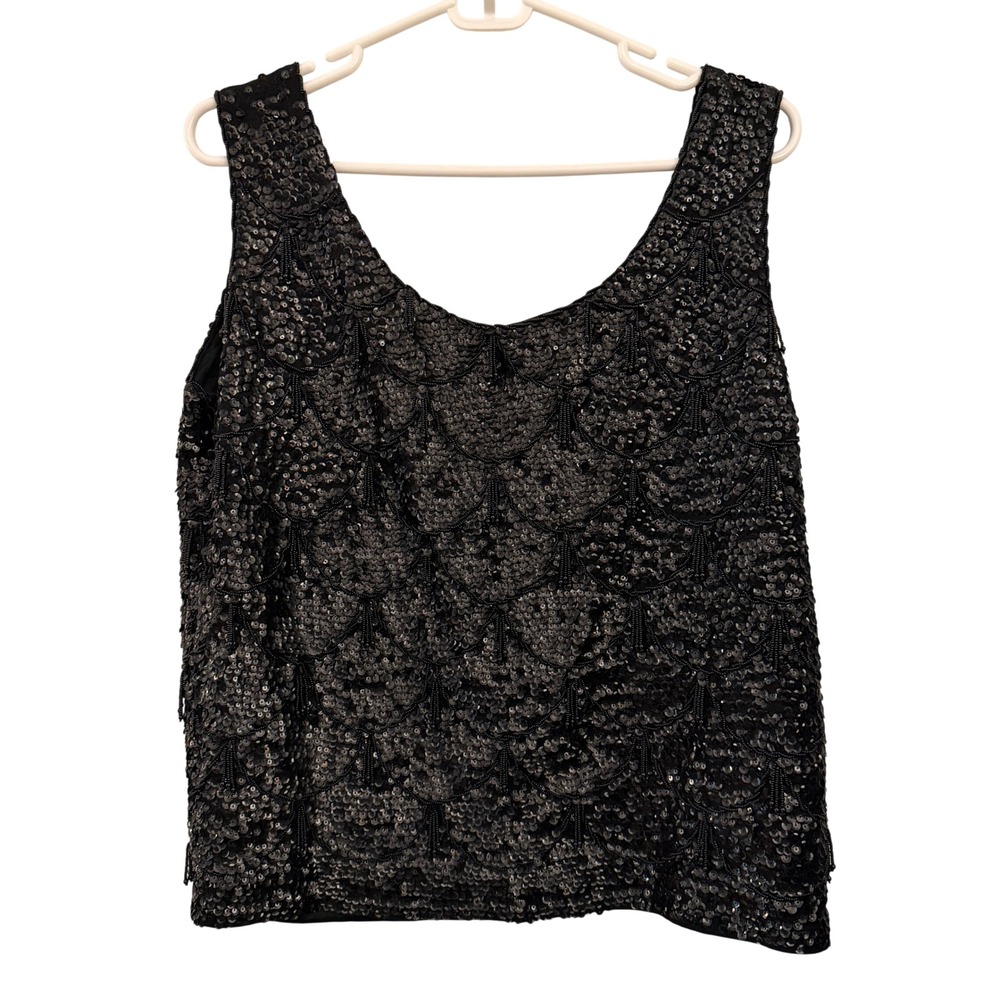 Unbranded‎ Sequin Beaded Tank Top Womens Large Black Good Scalloped Shell Zipper